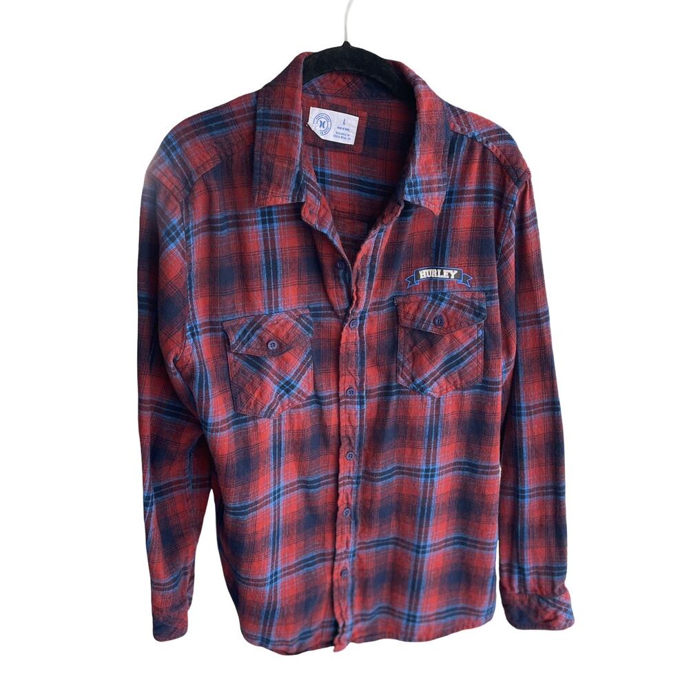 Hurley Head of Class Mens Plaid Flannel Shirt Red Navy Button Up Cotton Large